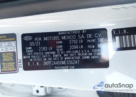 2021 Kia Forte Lxs z USA, uszkodzony, nr VIN 3KPF24AD0ME356247